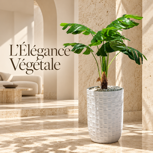 Monstera Artificiel avec Grand Pot Blanc Texturé à Motif Damier