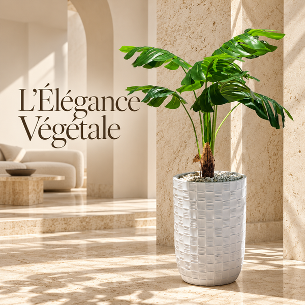 Monstera Artificiel avec Grand Pot Blanc Texturé à Motif Damier