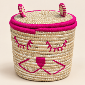 Set de 2 paniers de rangement chaton avec couvercle, fibres naturelles et fil rose fuchsia, pour chambre d'enfant