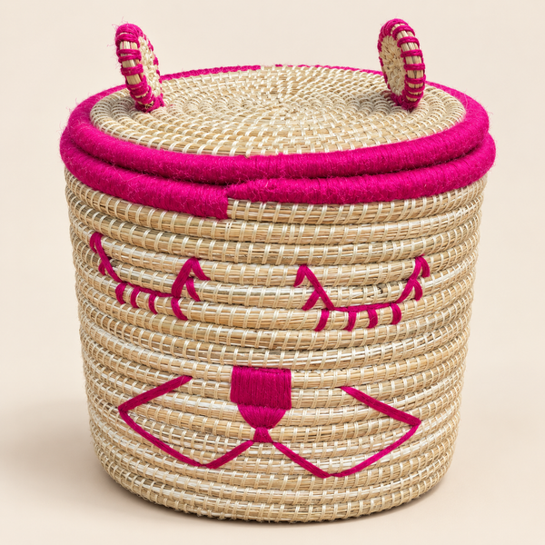 Set de 2 paniers de rangement chaton avec couvercle, fibres naturelles et fil rose fuchsia, pour chambre d'enfant