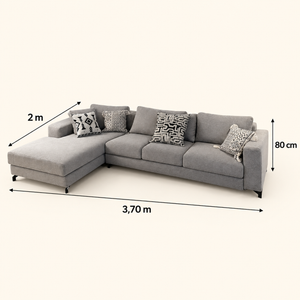 Canapé d'Angle Gris avec Méridienne à Gauche, Tissu Texturé et Pieds Métal Noir