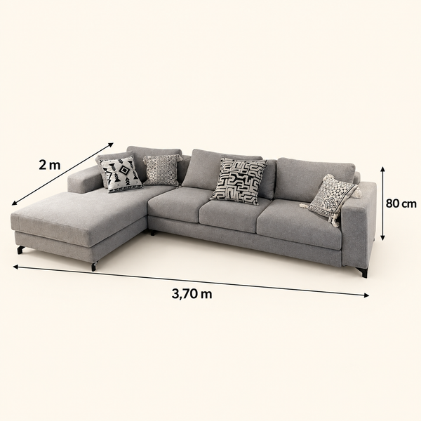 Canapé d'Angle Gris avec Méridienne à Gauche, Tissu Texturé et Pieds Métal Noir