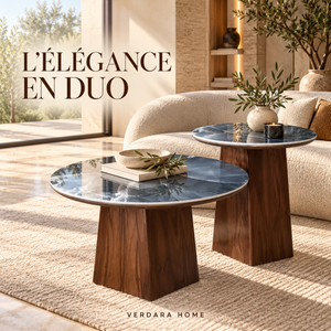 Set de 2 tables basses gigognes « Océan » – Plateaux effet marbre bleu et pieds en bois noyer