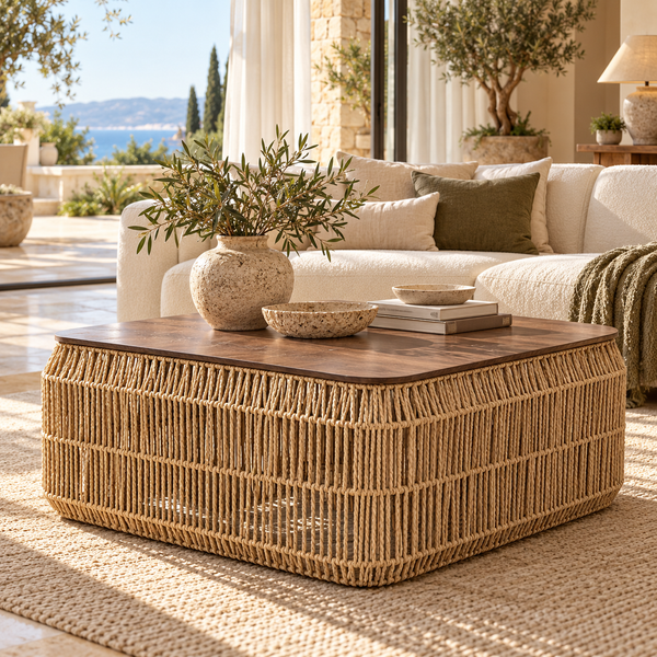 Grande table basse carrée « Raphia » en corde tressée – Plateau en bois effet noyer