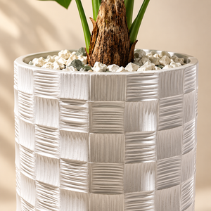 Monstera Artificiel avec Grand Pot Blanc Texturé à Motif Damier
