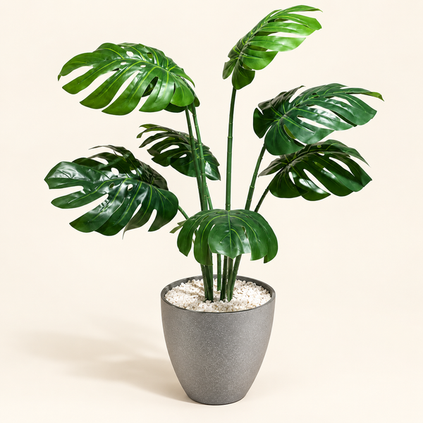 Monstera Deliciosa Artificiel avec Pot Gris Effet Pierre Évasé