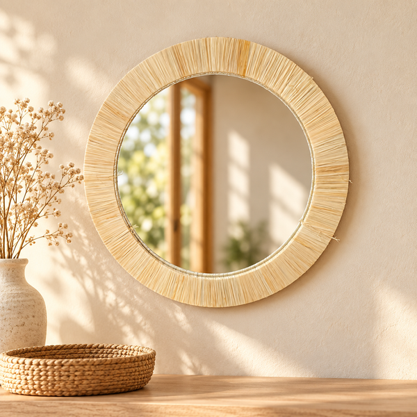 Miroir mural rond en fibres naturelles – Cadre en paille tressée main, style bohème