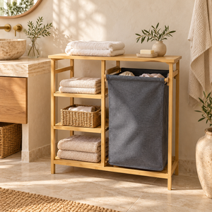 Meuble rangeage 2 en 1 en bambou – Étagère 3 niveaux et panier à linge en tissu gris