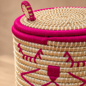 Set de 2 paniers de rangement chaton avec couvercle, fibres naturelles et fil rose fuchsia, pour chambre d'enfant
