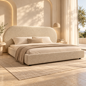 Lit « Lune » en tissu bouclé beige – Tête de lit ovale, design bas