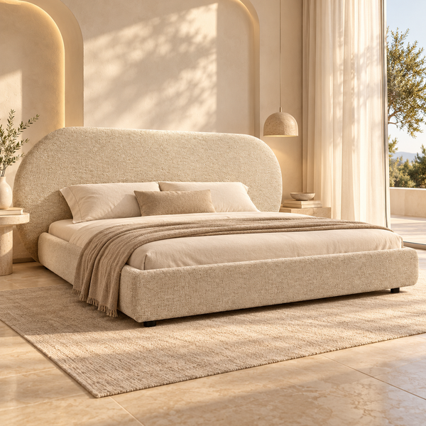 Lit « Lune » en tissu bouclé beige – Tête de lit ovale, design bas