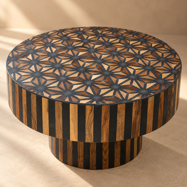 Table Basse Ronde en Marqueterie de Bois et Résine Noire, Plateau Géométrique Étoilé