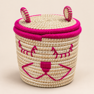 Set de 2 paniers de rangement chaton avec couvercle, fibres naturelles et fil rose fuchsia, pour chambre d'enfant