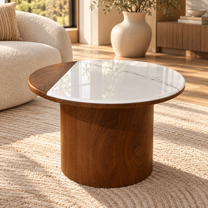 Ensemble de tables basses gigognes – Noyer et plateaux bicolores effet marbre blanc