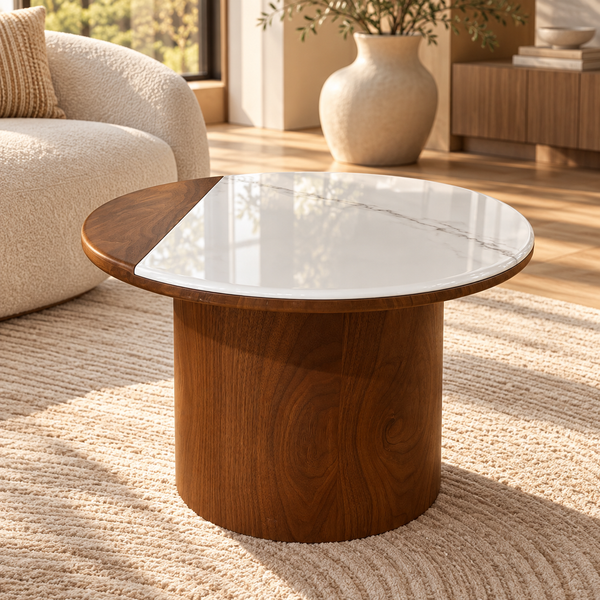 Ensemble de tables basses gigognes – Noyer et plateaux bicolores effet marbre blanc