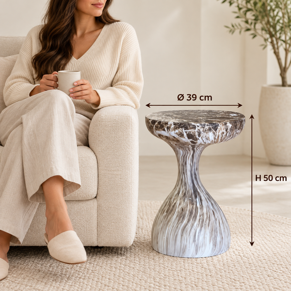 Table d'appoint « Sablier » effet marbre marron et blanc – Forme galbée, plateau rond