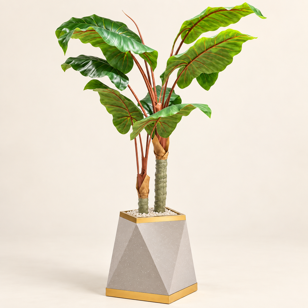 Plante Artificielle Tropicale à Double Tronc avec Pot Géométrique Gris Effet Terrazzo et Liserés Dorés