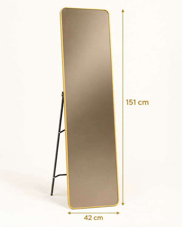 Miroir sur pied « Aura » – Cadre doré fin, verre teinté bronze, angles arrondis