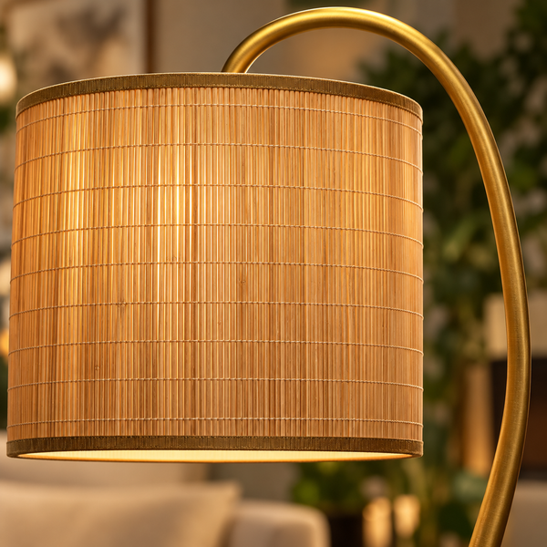 Lampadaire arqué « Aurore » – Pied noir, tige dorée et abat-jour en bambou