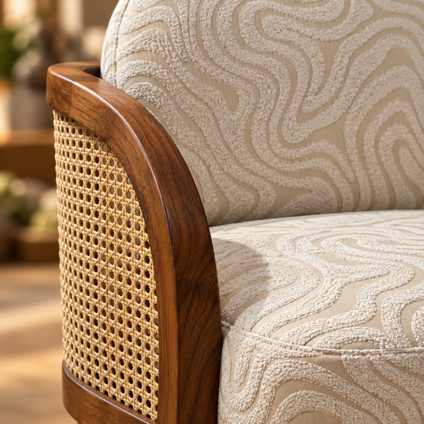 Fauteuil « Ondine » en tissu jacquard beige – Accoudoirs en bois et cannage
