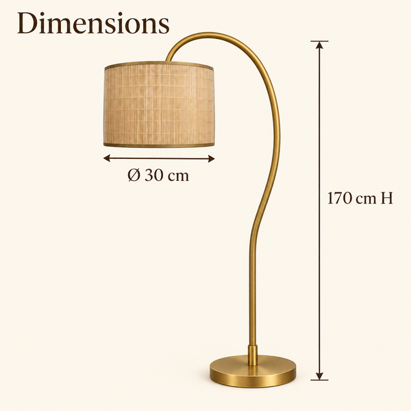 Lampadaire arqué « Aurore » – Pied noir, tige dorée et abat-jour en bambou