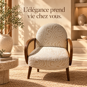 Fauteuil « Ondine » en tissu jacquard beige – Accoudoirs en bois et cannage
