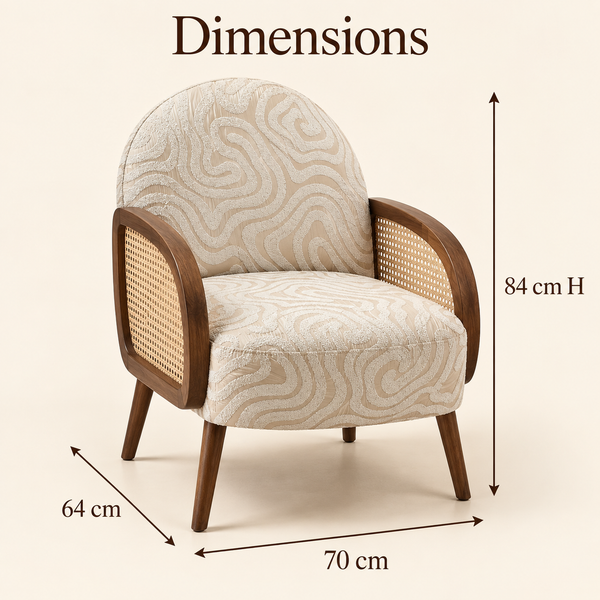 Fauteuil « Ondine » en tissu jacquard beige – Accoudoirs en bois et cannage