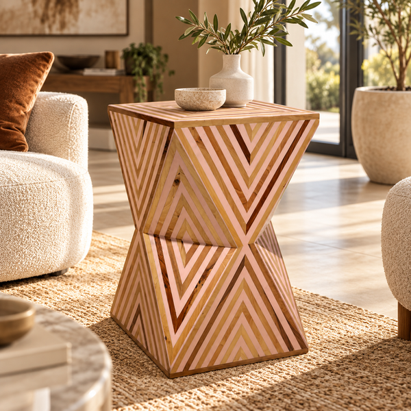 Table d'appoint « Sablier » en bois marqueté à motifs chevrons – Rose poudré et bois naturel