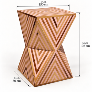 Table d'appoint « Sablier » en bois marqueté à motifs chevrons – Rose poudré et bois naturel