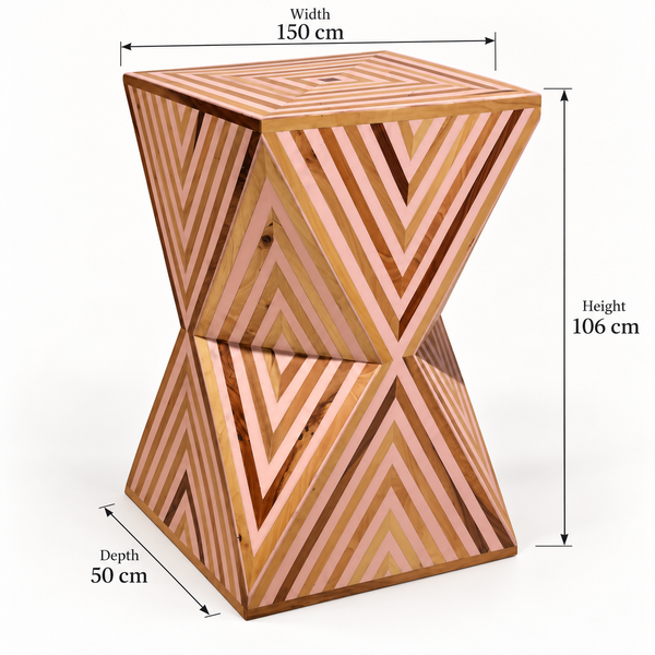 Table d'appoint « Sablier » en bois marqueté à motifs chevrons – Rose poudré et bois naturel