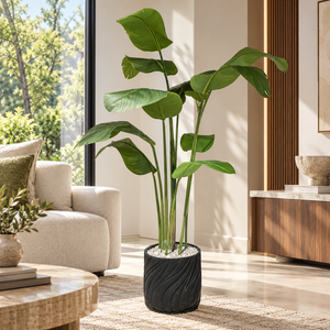 Strelitzia artificielle (oiseau de paradis) en pot noir sculpté – Plante haute effet naturel