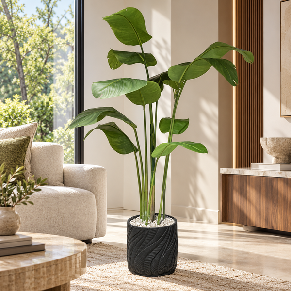 Strelitzia artificielle (oiseau de paradis) en pot noir sculpté – Plante haute effet naturel