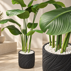 Strelitzia artificielle (oiseau de paradis) en pot noir sculpté – Plante haute effet naturel