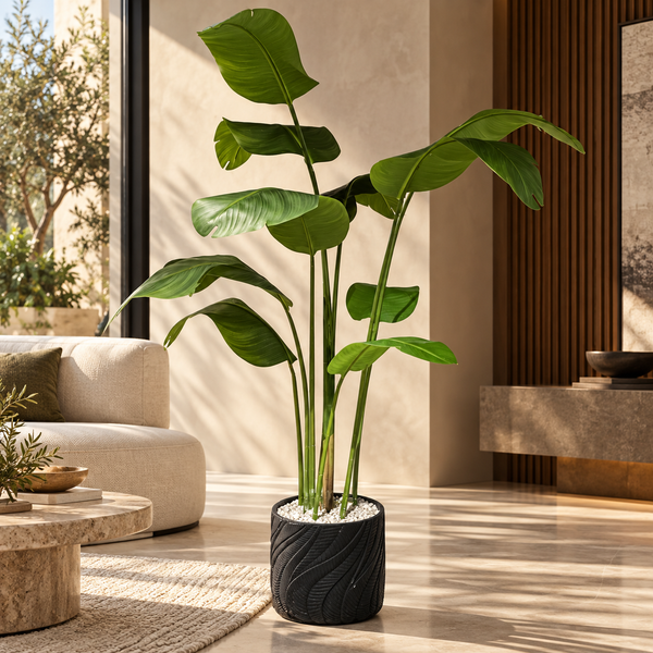 Strelitzia artificielle (oiseau de paradis) en pot noir sculpté – Plante haute effet naturel