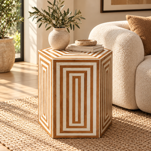 Table basse ronde « Raphia » en corde tressée – Plateau rond en bois effet noyer