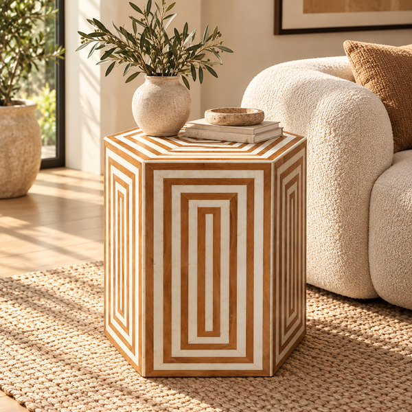 Table basse ronde « Raphia » en corde tressée – Plateau rond en bois effet noyer