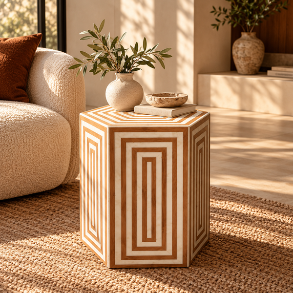 Table basse ronde « Raphia » en corde tressée – Plateau rond en bois effet noyer