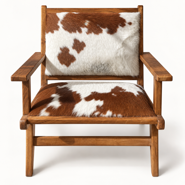 Fauteuil lounge « Sierra » en teck et peau de vache marron et blanc – Accoudoirs plats