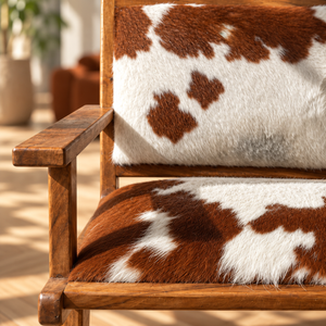 Fauteuil lounge « Sierra » en teck et peau de vache marron et blanc – Accoudoirs plats