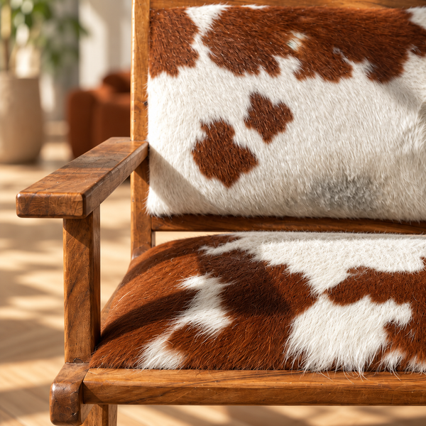 Fauteuil lounge « Sierra » en teck et peau de vache marron et blanc – Accoudoirs plats
