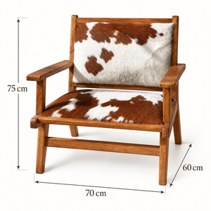 Fauteuil lounge « Sierra » en teck et peau de vache marron et blanc – Accoudoirs plats
