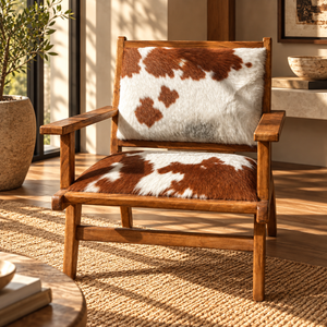 Fauteuil lounge « Sierra » en teck et peau de vache marron et blanc – Accoudoirs plats