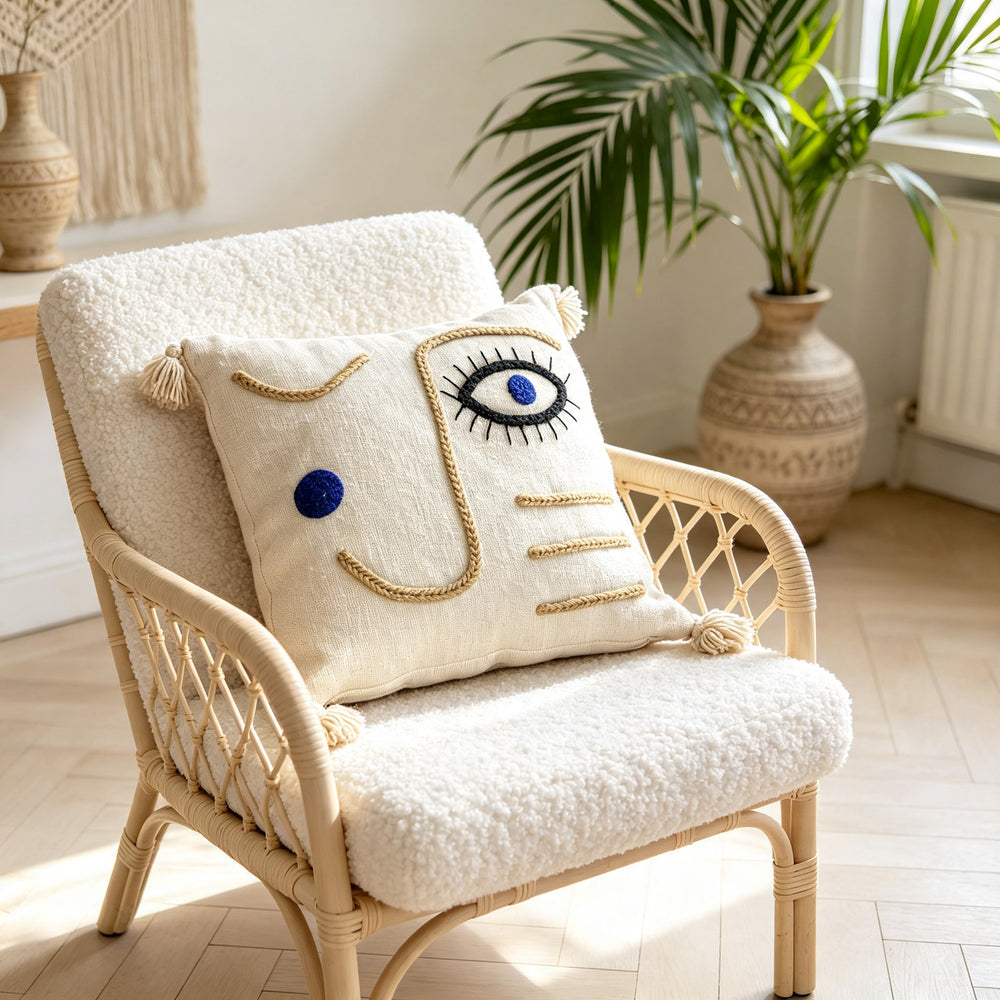 Coussin décoratif écru avec visage abstrait en jute