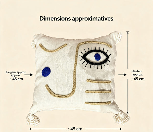 Coussin décoratif écru avec visage abstrait en jute