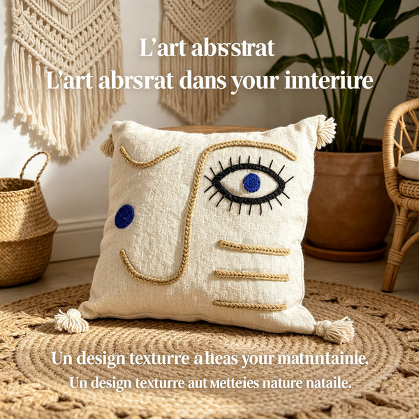 Coussin décoratif écru avec visage abstrait en jute