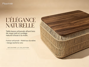 Table basse carrée plateau bois et base à franges de corde tressée