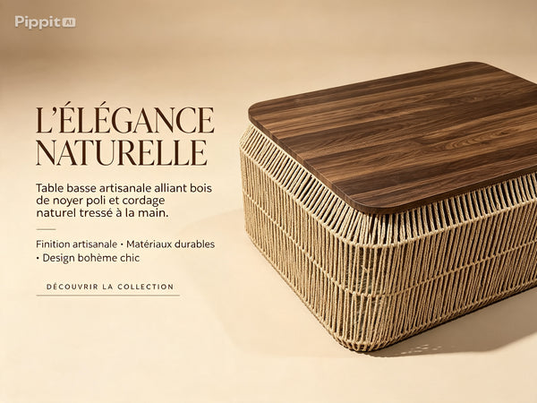 Table basse carrée plateau bois et base à franges de corde tressée