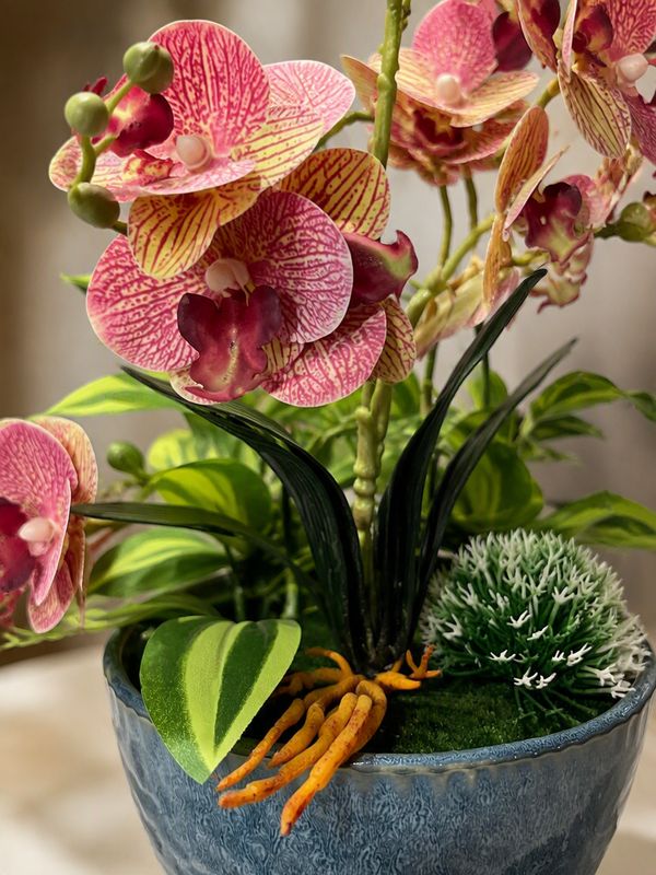 rtificial Striped Orchid in Textured Ceramic Pot