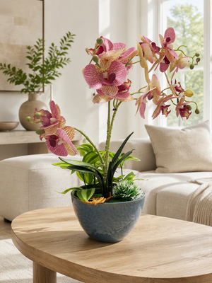 rtificial Striped Orchid in Textured Ceramic Pot