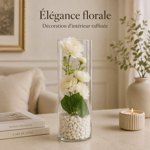 Artificial Peony Flower Arrangement in Clear Cylinder Vase with White Pebbles – Pink or White